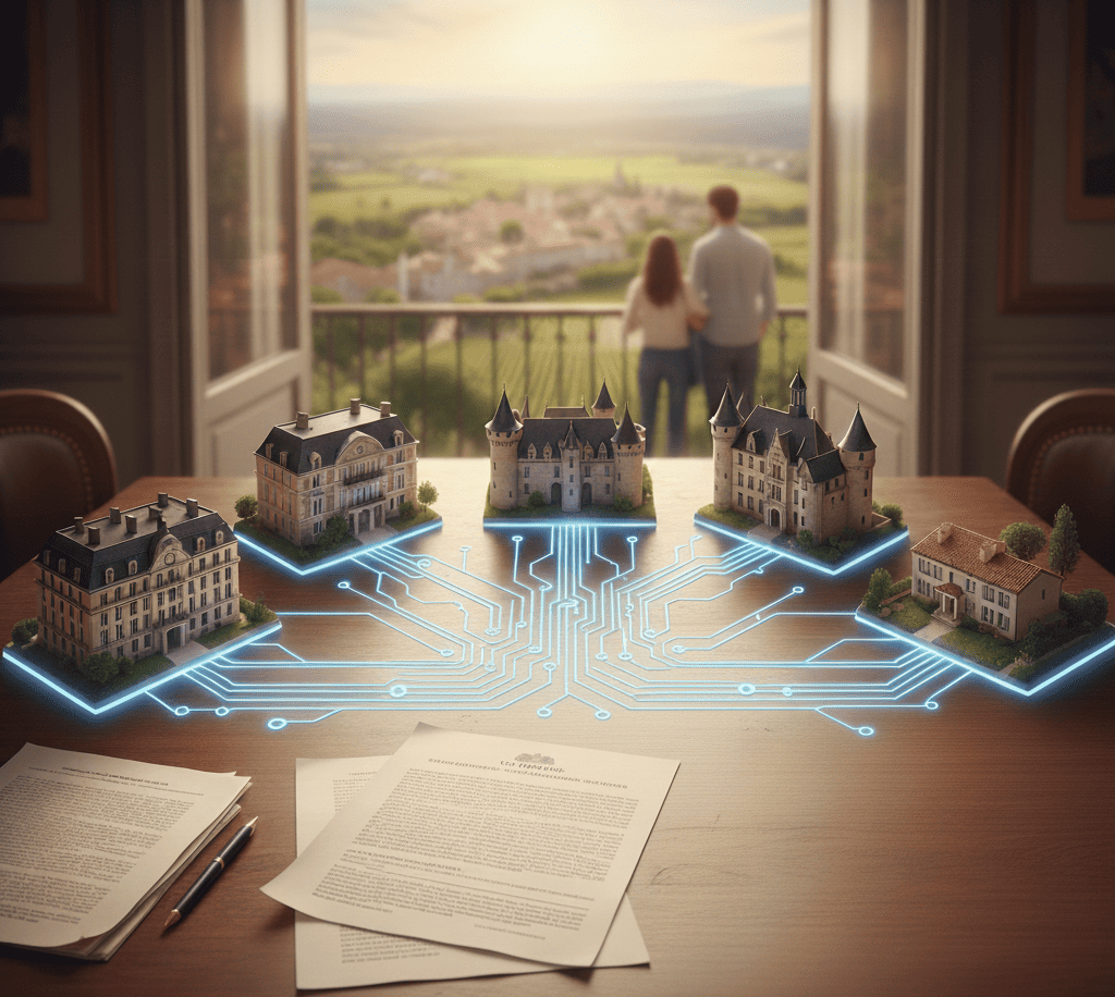 llustration schématique des différents types de biens en garantie pour un prêt hypothécaire (maison, immeuble, appartement, etc.) connectés symboliquement à un accord de garantie ou à un cadenas.