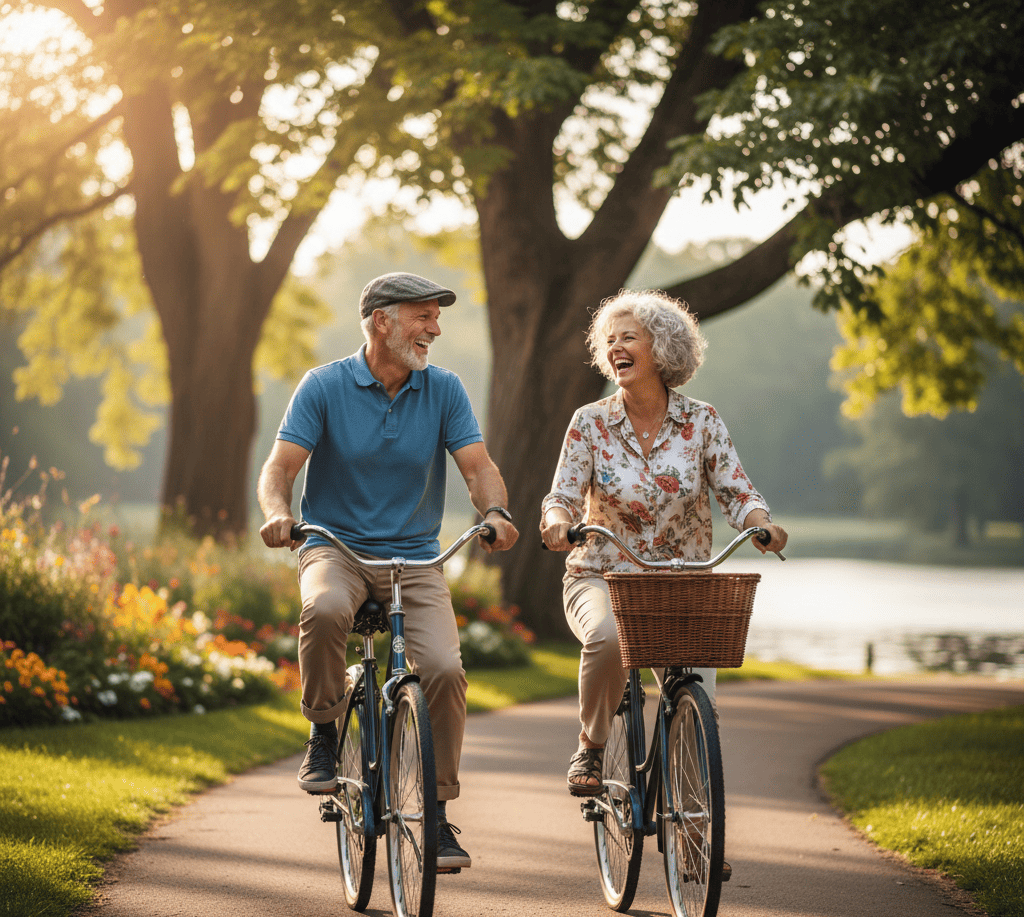 Couple de retraités heureux à vélo