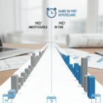 Une illustration conceptuelle et épurée comparant les durées du prêt hypothécaire amortissable et du prêt in fine. L'image présente deux colonnes de graphiques à barres 3D, étiquetées « PRÊT AMORTISSABLE » et « PRÊT IN FINE », s'éloignant en perspective. Une horloge et le titre « DURÉE DU PRÊT HYPOTHÉCAIRE » sont au centre, soulignant l'aspect temporel de ces deux types de financement.