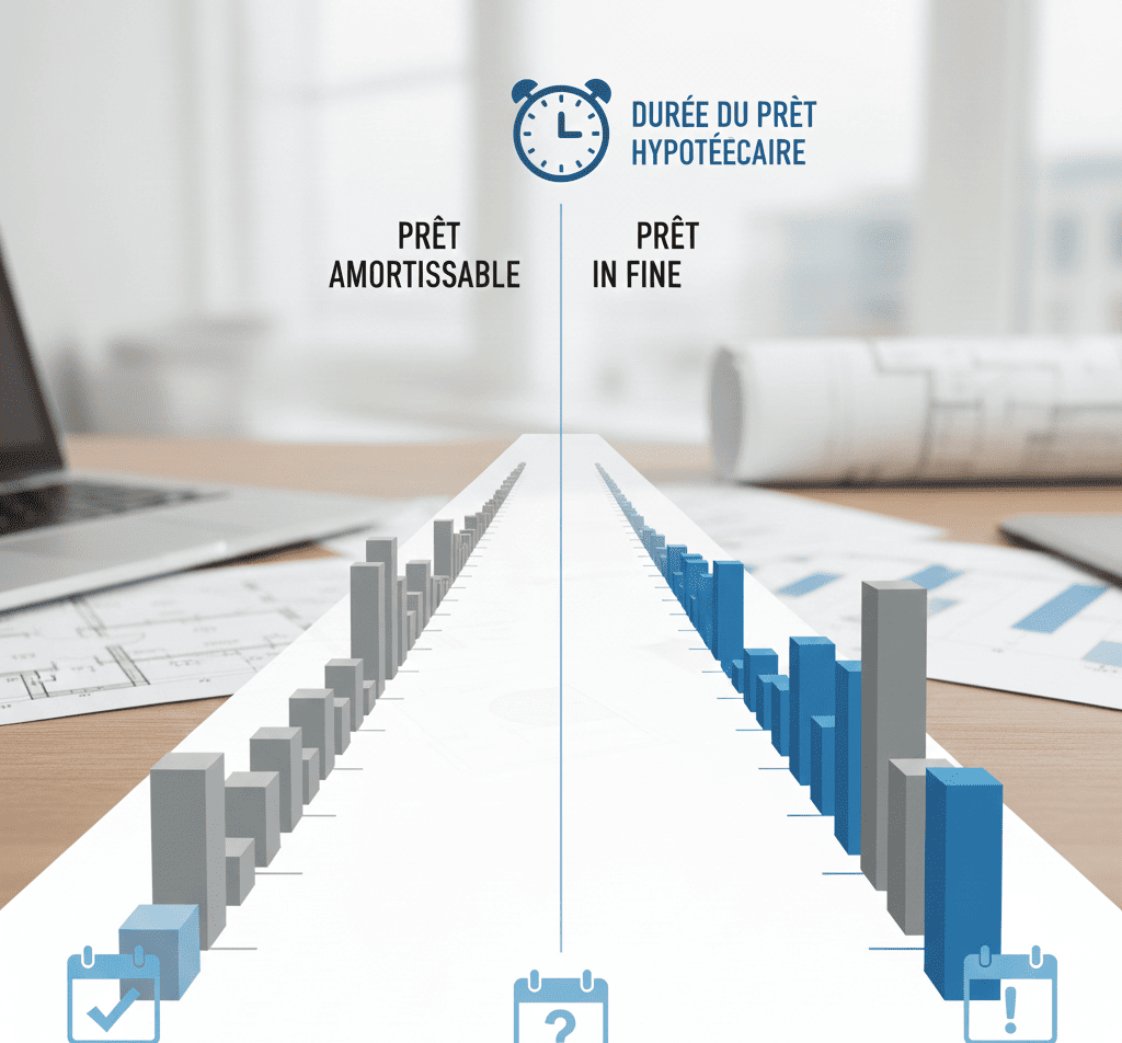 Une illustration conceptuelle et épurée comparant les durées du prêt hypothécaire amortissable et du prêt in fine. L'image présente deux colonnes de graphiques à barres 3D, étiquetées « PRÊT AMORTISSABLE » et « PRÊT IN FINE », s'éloignant en perspective. Une horloge et le titre « DURÉE DU PRÊT HYPOTHÉCAIRE » sont au centre, soulignant l'aspect temporel de ces deux types de financement.