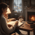 Personne organisant ses idées sur un carnet, ambiance calme et réfléchie de fin d’année