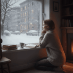 Personne regardant la ville en hiver à travers la fenêtre assise près du feu.