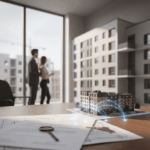 Documents, clés et maquette d'une résidence étudiante sur une table de bureau, avec des lignes lumineuses symbolisant l'investissement, illustrant un prêt hypothécaire pour investir dans une résidence étudiante.