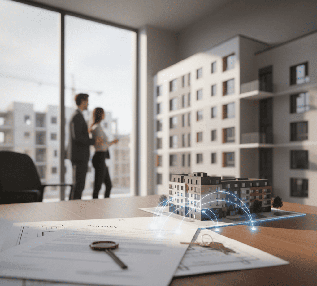 Documents, clés et maquette d'une résidence étudiante sur une table de bureau, avec des lignes lumineuses symbolisant l'investissement, illustrant un prêt hypothécaire pour investir dans une résidence étudiante.