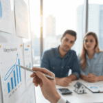 Conseiller financier expliquant des graphiques et des calculs de prêts hypothécaires à un couple, illustrant visuellement la notion de marge disponible sur un prêt hypothécaire.