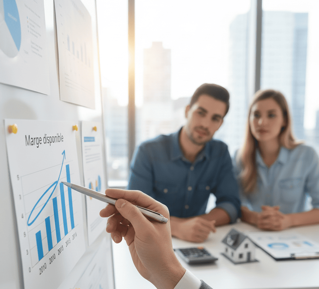Conseiller financier expliquant des graphiques et des calculs de prêts hypothécaires à un couple, illustrant visuellement la notion de marge disponible sur un prêt hypothécaire.
