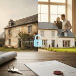mage divisée montrant une maison ancienne et délabrée (avant) juxtaposée à la même maison entièrement rénovée (après), avec un cadenas lumineux au centre et un contrat de prêt hypothécaire au premier plan, illustrant comment rénover un bien ancien grâce au prêt hypothécaire.