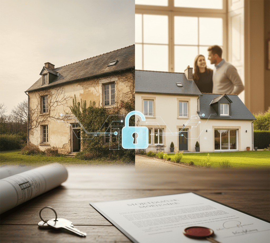 mage divisée montrant une maison ancienne et délabrée (avant) juxtaposée à la même maison entièrement rénovée (après), avec un cadenas lumineux au centre et un contrat de prêt hypothécaire au premier plan, illustrant comment rénover un bien ancien grâce au prêt hypothécaire.