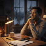 Propriétaire en fin d’année, carnet ou checklist sur la table, ambiance calme et introspective