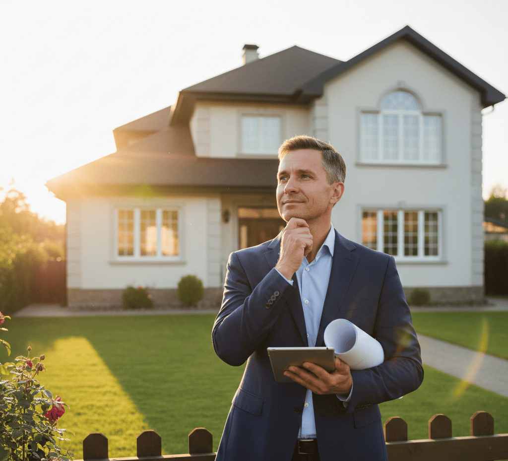 Propriétaire réfléchissant à un projet financier via le prêt hypothécaire devant une maison.