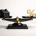 Balance représentant un prêt hypothécaire avec une maison et un symbole pourcentage doré illustrant quel montant on peut emprunter grace a un pret hypothecaire