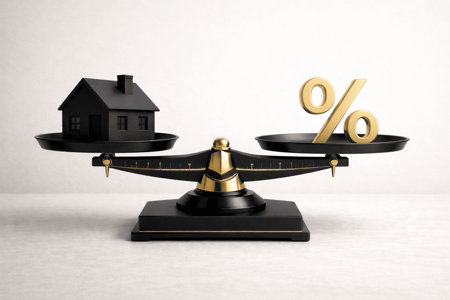 Balance représentant un prêt hypothécaire avec une maison et un symbole pourcentage doré illustrant quel montant on peut emprunter grace a un pret hypothecaire