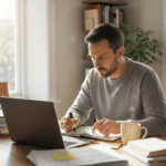 n homme assis à sa table devant son café , un ordinateur et étudiant des documents suite à un refus de prêt hypothécaire