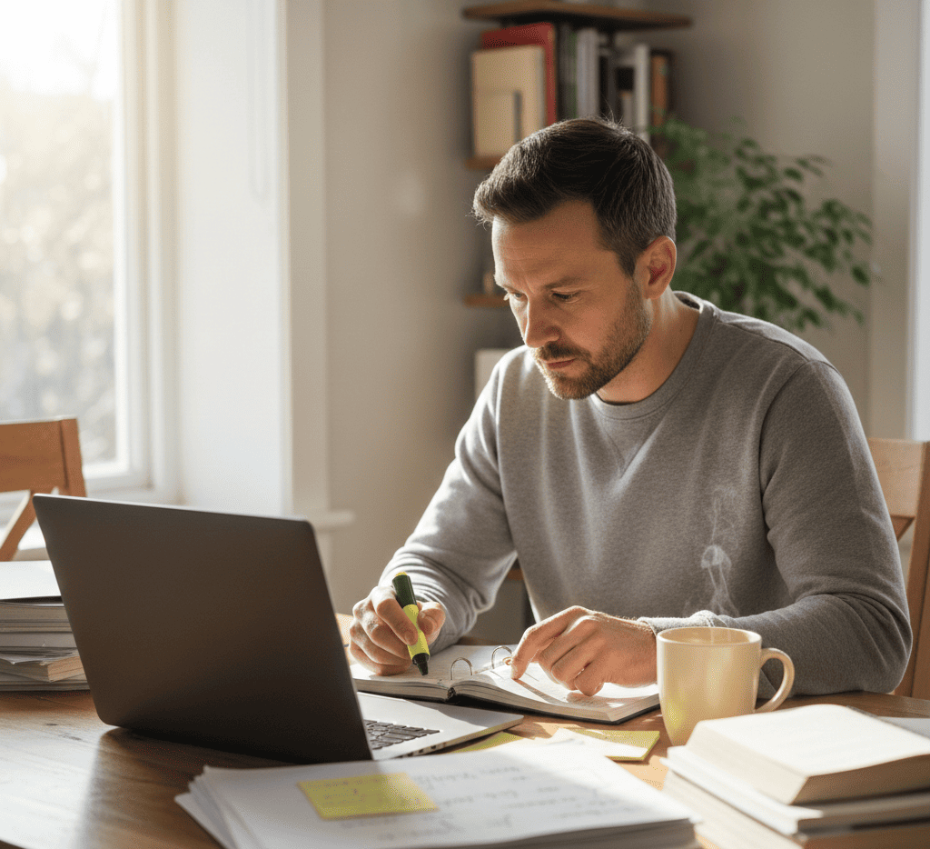 n homme assis à sa table devant son café , un ordinateur et étudiant des documents suite à un refus de prêt hypothécaire