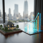 Patrimoine immobilier et financier représenté par une maison et des graphiques financiers