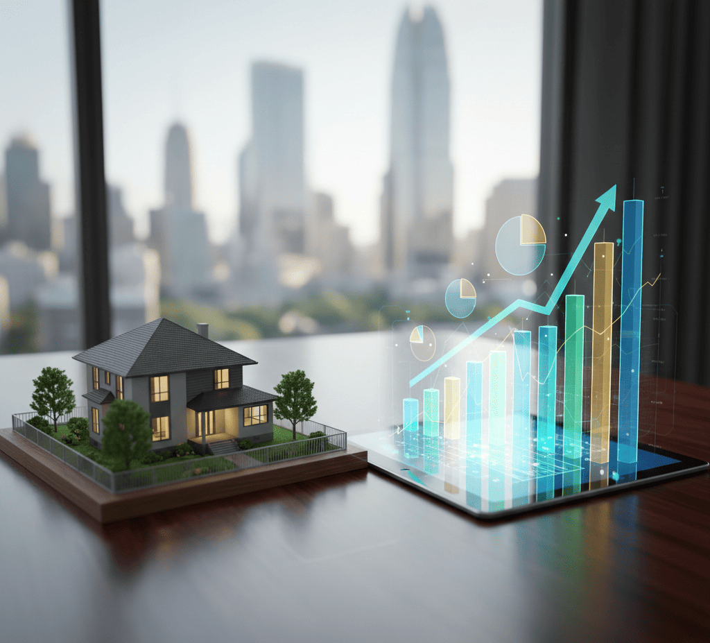 Patrimoine immobilier et financier représenté par une maison et des graphiques financiers