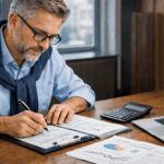 Homme analysant des documents financiers pour augmenter sa capacité d’emprunt grâce à la valeur de son patrimoine immobilier