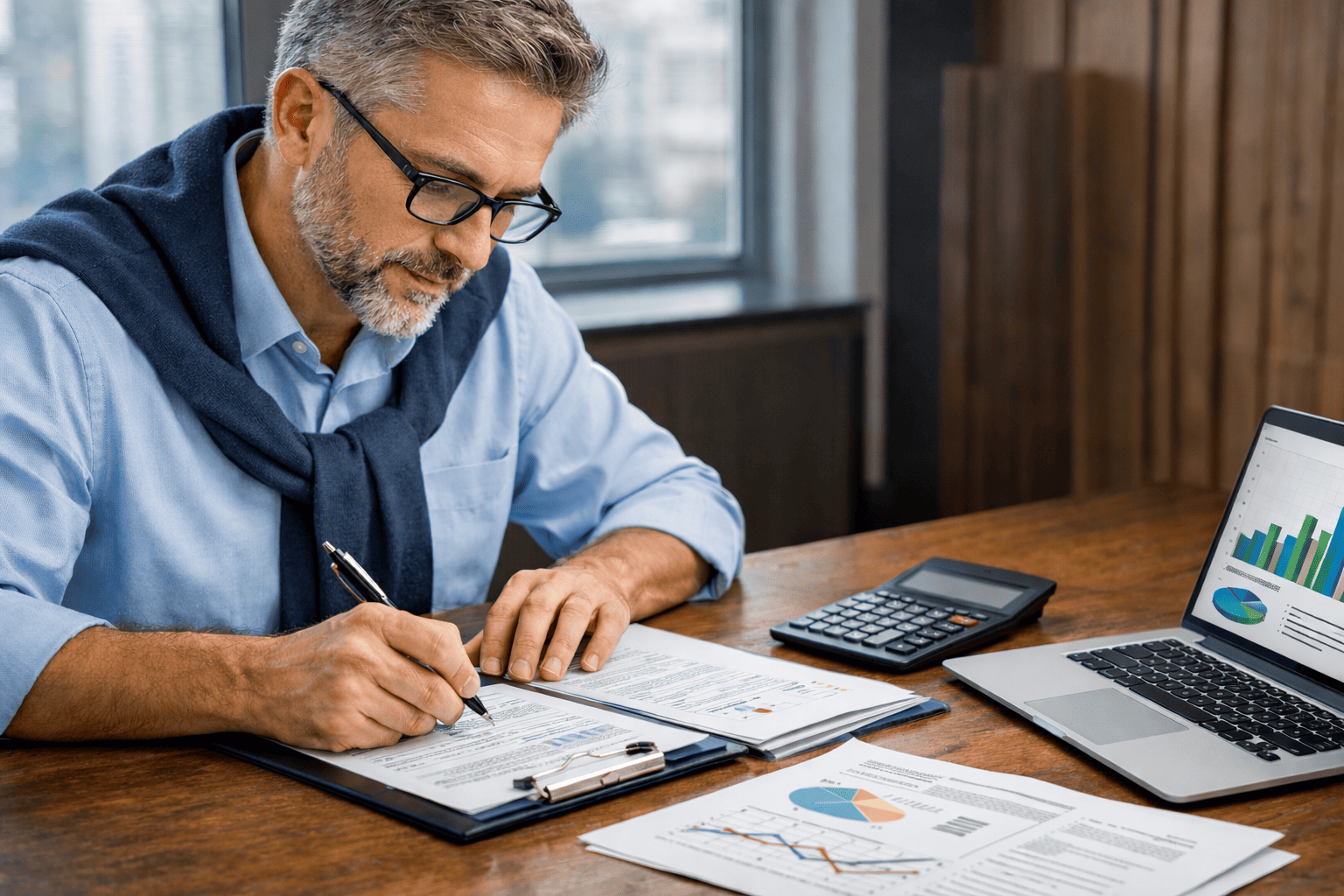 Homme analysant des documents financiers pour augmenter sa capacité d’emprunt grâce à la valeur de son patrimoine immobilier