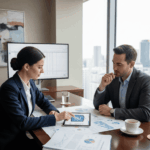 Conseiller financier analysant un projet immobilier avec un propriétaire dans un environnement professionnel.