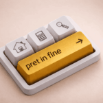 Clavier moderne avec touche dorée « pret in fine », symboles maison, calculatrice et clé sur fond neutre dégradé