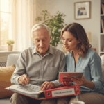 Senior et proche consultant un dossier immobilier dans son salon.