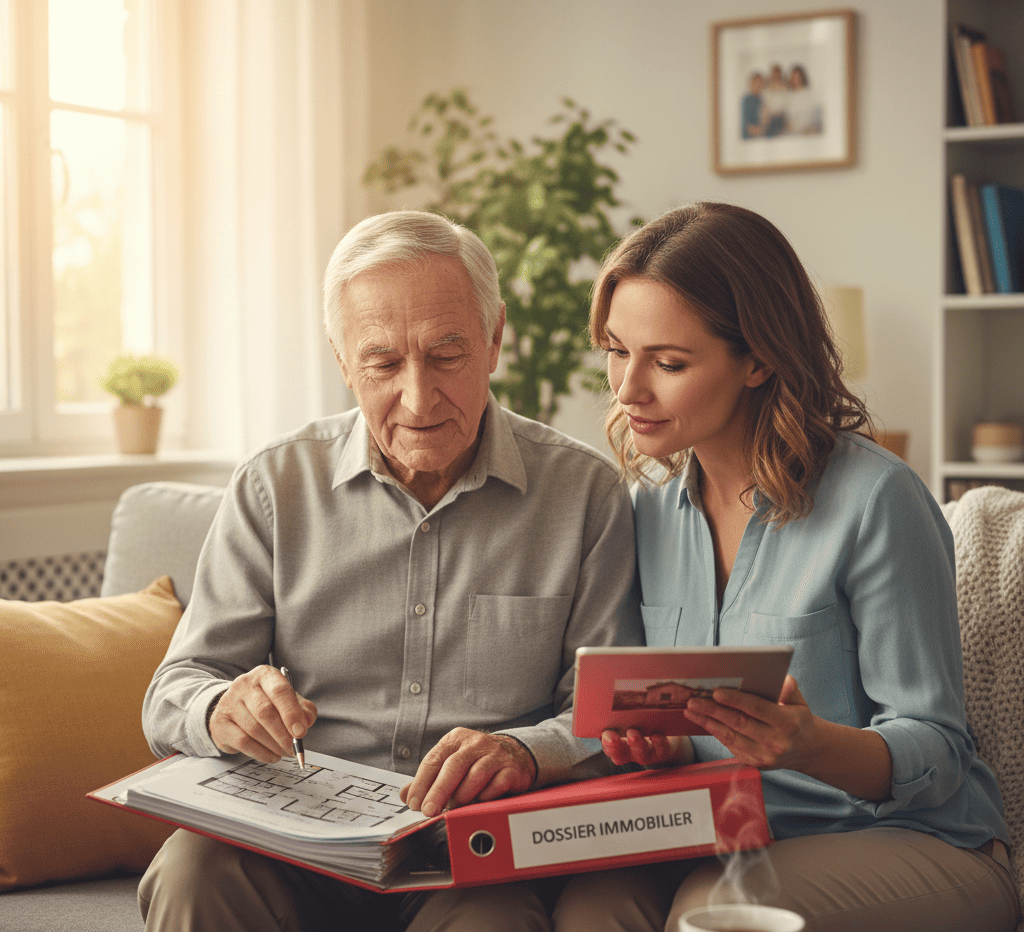 Senior et proche consultant un dossier immobilier dans son salon.