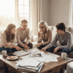 Famille discutant d’un projet important autour de documents immobiliers à domicile