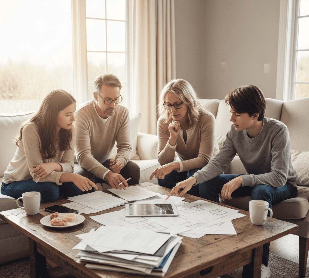 Famille discutant d’un projet important autour de documents immobiliers à domicile