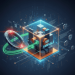 Illustration conceptuelle et abstraite en 3D représentant la sécurisation d'un prêt via une SCI familiale. Un cube central lumineux contient l'inscription « SCI FAMILIALE », entouré de structures géométriques complexes et de symboles de protection (cadenas, boucliers) reliés par des flux de données néon sur un fond sombre technologique.