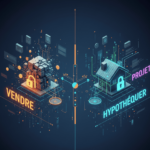 Illustration conceptuelle en 3D sur fond sombre comparant deux options financières : « VENDRE » et « HYPOTHÉQUER ». À gauche, une structure cubique orange symbolisant la vente ; à droite, une maison lumineuse bleue avec un cadenas symbolisant l'hypothèque. Au centre, une balance stylisée évoque le choix et la prise de décision pour financer un projet.