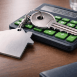 Clés de maison posées sur une calculatrice aux boutons verts avec écran numérique, symbolisant un rachat de crédit avec garantie hypothécaire.