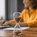 Sabli­er en premier plan symbolisant le délai d’obtention d’un prêt hypothécaire, avec femme en chemise jaune orangée travaillant sur ordinateur en arrière-plan.