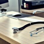 Photo d'un Stéthoscope sur un bureau devant un clavier et un ordinateur. Symbolisant la recherche de solutions pour financer son activité libérale.