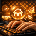 Mains tapant sur un clavier avec loupe mettant en avant une icône de maison et pictogrammes financiers lumineux (graphique, pourcentage, document validé, poignée de main) sur fond sombre, symbolisant l’analyse de données immobilières.