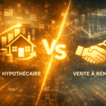Graphique comparatif sur fond technologique doré, opposant deux concepts immobiliers. À gauche, l'icône 'PRÊT HYPOTHÉCAIRE' illustrée par une maison, une pile de pièces de monnaie et une flèche de croissance financière. À droite, l'icône 'VENTE À RÉMÉRÉ' représentée par une poignée de main symbolique surmontée d'une clé. Au centre, un séparateur lumineux avec le texte 'Vs'.