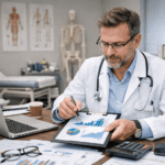 Médecin en cabinet, assis à son bureau, analysant des documents financiers avec graphiques, entouré d’un ordinateur portable, de dossiers et de matériel médical
