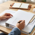 Vue rapprochée d'une personne en costume assise à un bureau en bois, préparant un dossier administratif. Elle tient un stylo au-dessus d'un classeur ouvert contenant des formulaires vierges et une liste à puces. Sur le bureau se trouvent également une calculatrice, un carnet et un smartphone, dans une ambiance professionnelle et lumineuse.