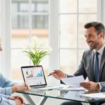 Un conseiller financier discutant avec un couple de seniors, présentant des informations sur un prêt viager hypothécaire ou un prêt de trésorerie hypothécaire
