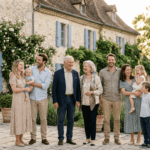 Photo d'une famille multigénérationnelle, qui pose devant la maison familiale.