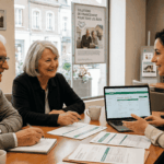 couple de retraité fonctionnaire avec une conseillère financière, se renseignent sur un emprunt sur patrimoine