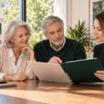 Un couple de seniors examine des documents d’assurance emprunteur avec une conseillère