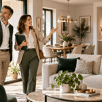 Deux investisseurs visitent un appartement meublé et lumineux dans le cadre d’un projet locatif.